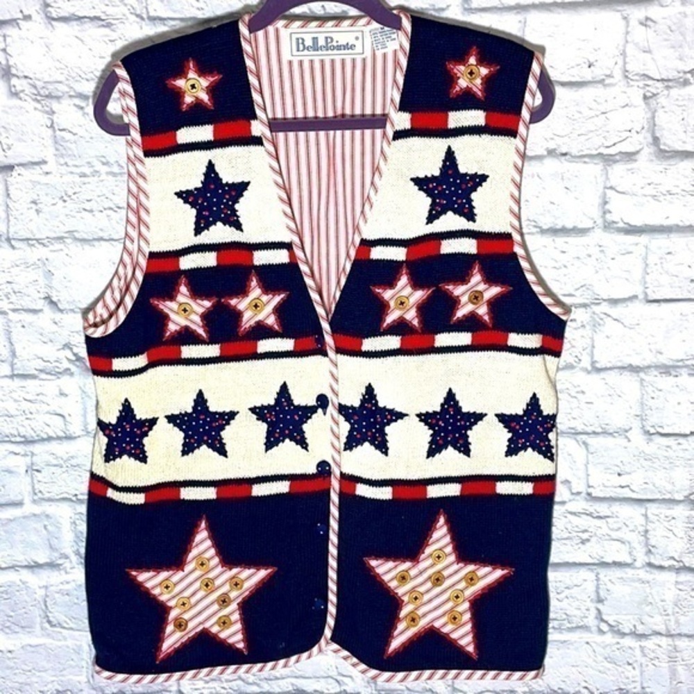 Vintage Belle Pointe Americana Handmade Stars Stripes Patriotic Beaded Knit Vest
